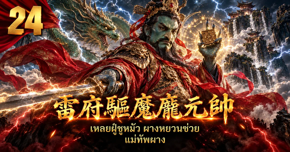 ภาพประกอบแม่ทัพผาง 雷府驱魔庞元帅 หน้าเขียว เสื้อคลุมแดง ถือกระบี่และตราดาว มีมังกรเขียว