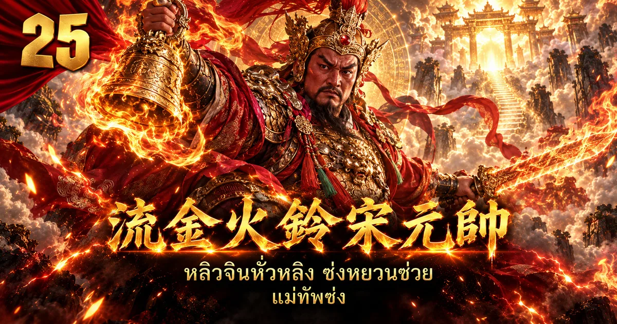 ภาพประกอบแม่ทัพซ่ง 流金火铃宋元帅 สวมหมวกเกราะทอง ถือกระดิ่งไฟและกระบี่เพลิง หน้าประตูสวรรค์