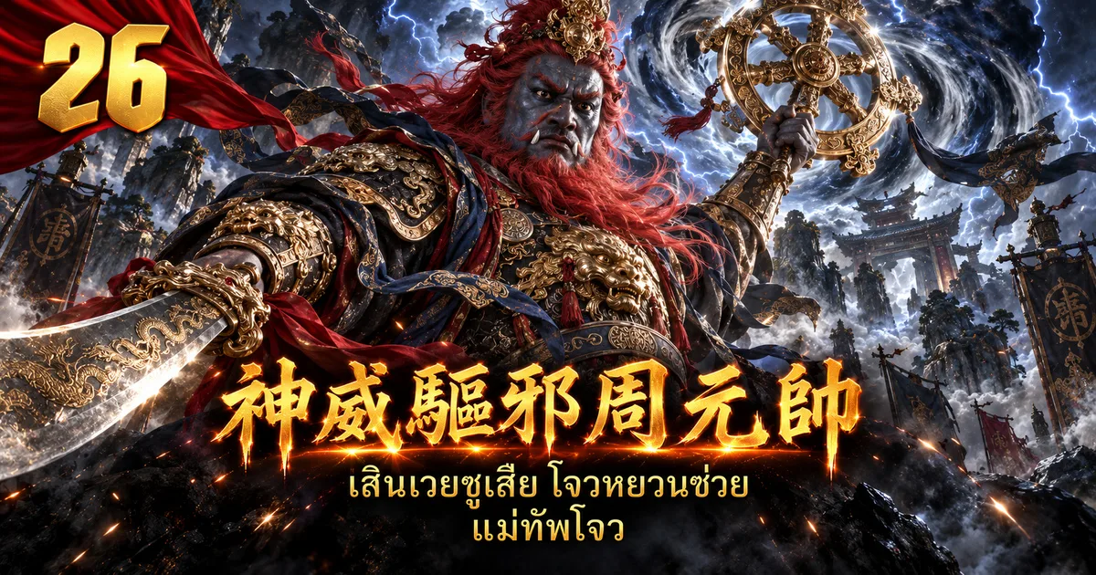 ภาพประกอบแม่ทัพโจว 神威驱邪周元帅 หน้าสีเหล็ก ผมแดง มีเขี้ยว ถือกงล้อลมและง้าวใหญ่