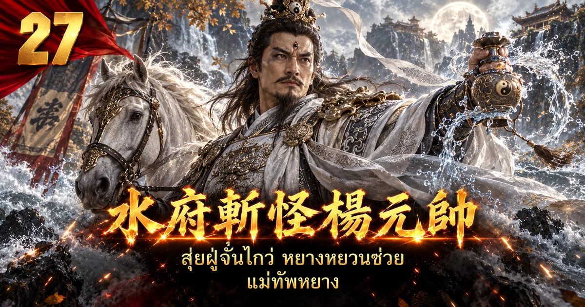 ภาพประกอบแม่ทัพหยาง 水府斩怪杨元帅 สามตา สวมชุดขาวเงิน ขี่ม้าขาว เทน้ำจากแจกันท่ามกลางน้ำตกและคลื่น
