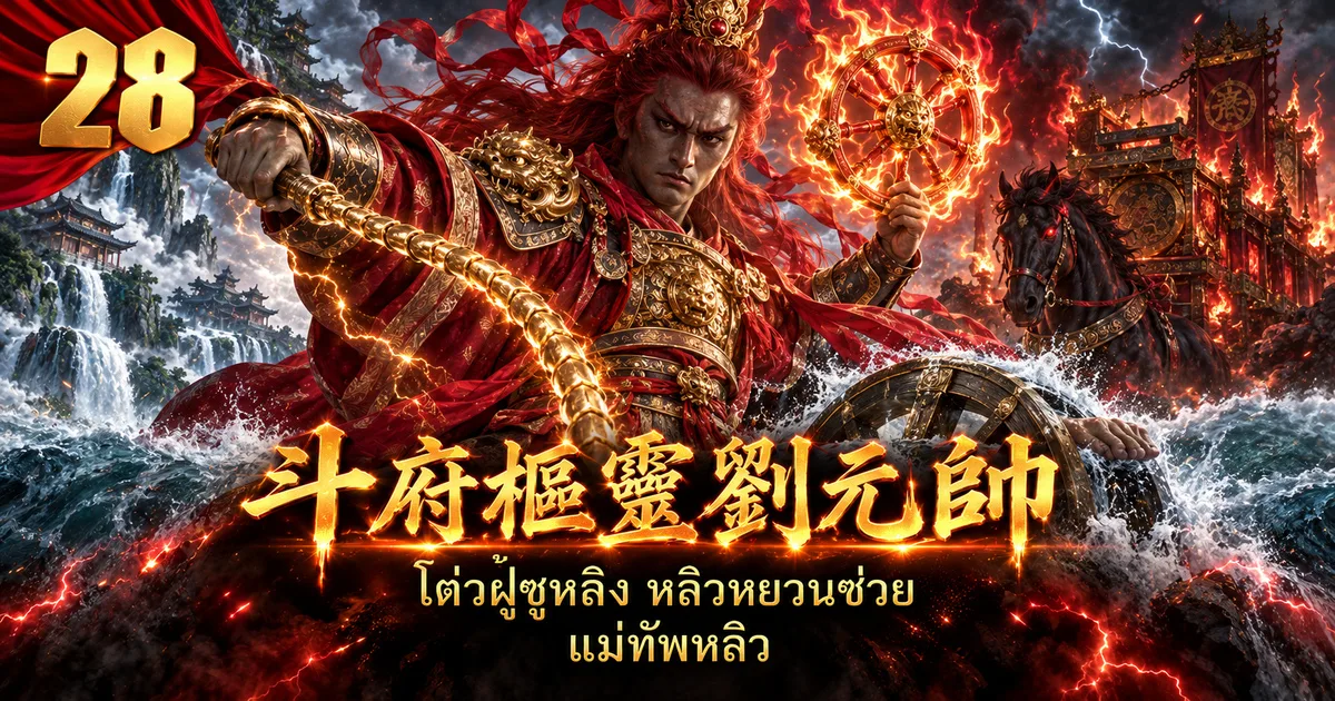 ภาพประกอบแม่ทัพหลิว 斗府枢灵刘元帅 ผมแดง เสื้อคลุมแดง เกราะทอง ถือแส้ทองและกงล้อไฟ เหนือกงล้อน้ำ มีม้าดำและรถเพลิงอยู่ด้านหลัง