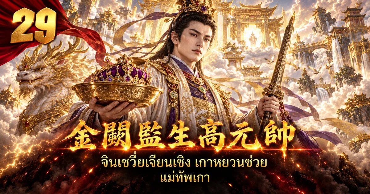 ภาพประกอบแม่ทัพเกา 金阙监生高元帅 ชายหนุ่มรูปงาม ถือถาดทองที่มีมงกุฎทองม่วงและกระบี่ มีกิเลนขาวอยู่ด้านหลัง ท่ามกลางวังสวรรค์