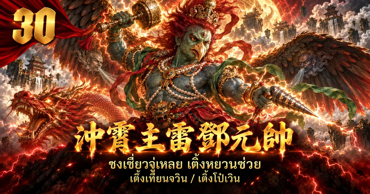 ภาพประกอบจอมพลเติ้ง 冲霄主雷邓元帅 หน้าเขียว สามตา ปากนก มีปีก ถือค้อนและสว่านอัสนี
