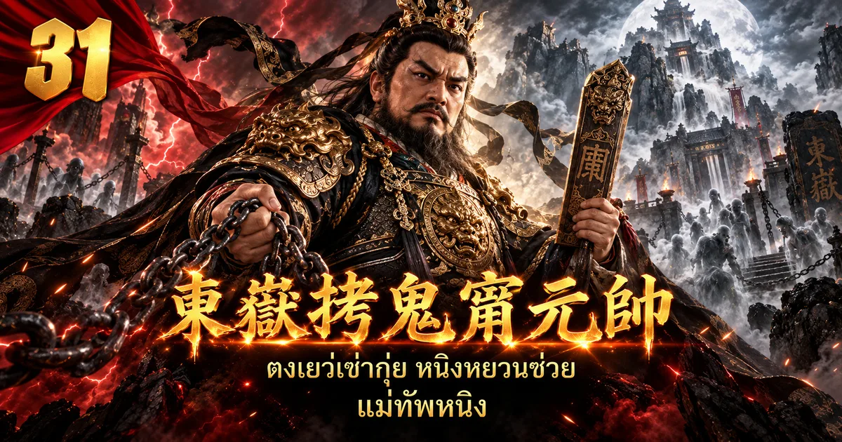 ภาพประกอบแม่ทัพหนิง 东岳拷鬼甯元帅 ขุนพลสวมมงกุฎและเกราะดำทอง มือหนึ่งถือโซ่ อีกมือถือป้ายคำสั่ง