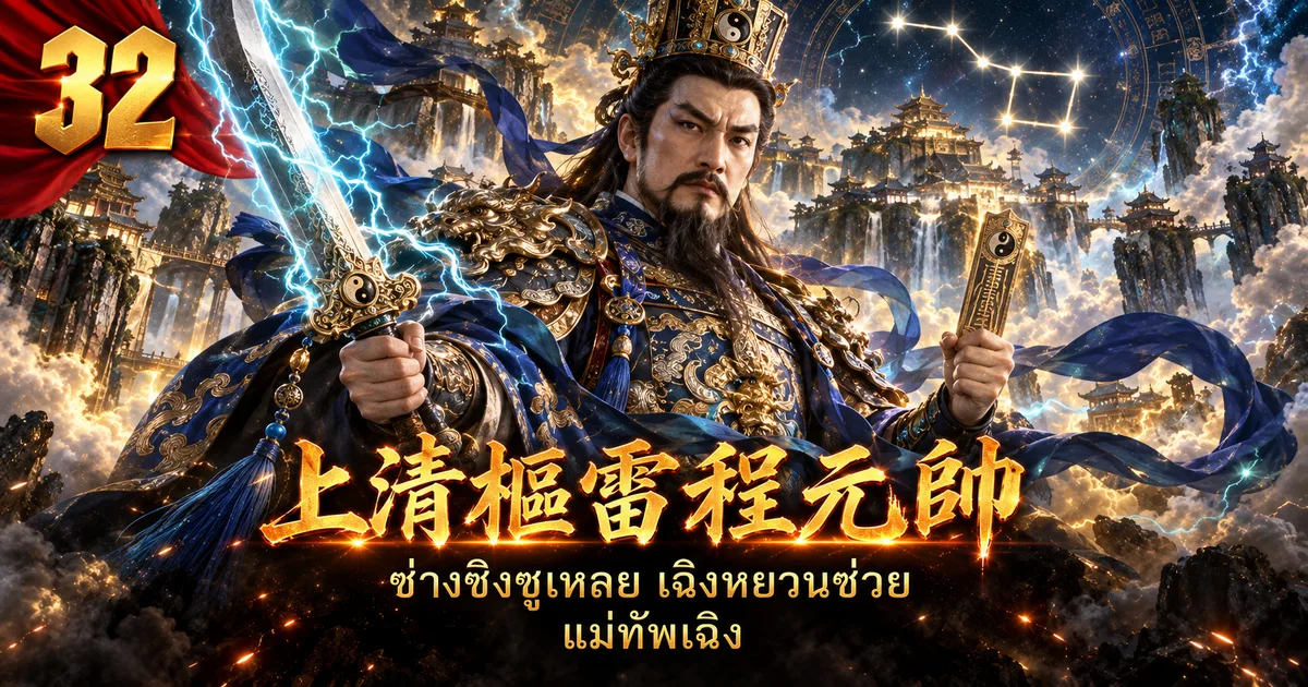 ภาพประกอบแม่ทัพเฉิง 上清枢雷程元帅 ขุนพลสวมมงกุฎลายหยินหยาง ถือกระบี่สายฟ้าและป้ายคำสั่ง มีกลุ่มดาวกระบวยอยู่เบื้องหลัง