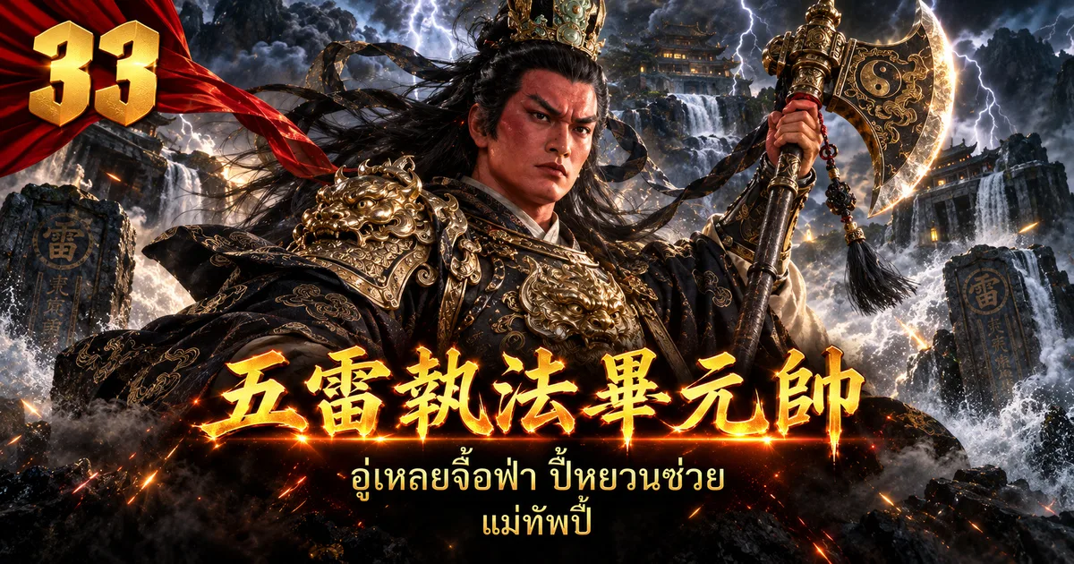 ภาพประกอบจอมพลปี้ 五雷执法毕元帅 หน้าแดง ไม่มีหนวด ผมดำยาวสยาย สวมมงกุฎและเกราะดำทอง ถือขวาน