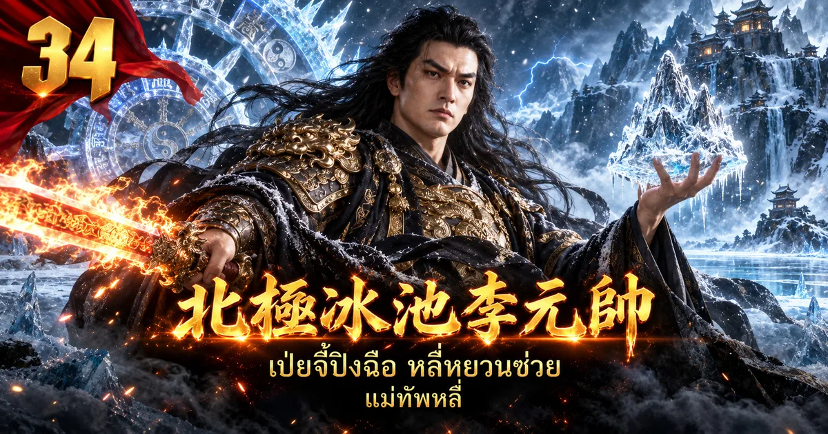 ภาพประกอบแม่ทัพหลี่ 北极冰池李元帅 ผมดำยาวสยาย เกราะดำทอง มือหนึ่งถือกระบี่ไฟ อีกมือชูภูเขาน้ำแข็ง