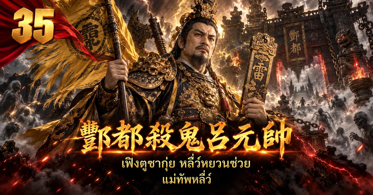 ภาพประกอบแม่ทัพหลี่ว์ 酆都杀鬼吕元帅 สวมเกราะดำทอง มือหนึ่งถือธงเหลือง อีกมือถือป้ายคำสั่งสายฟ้า หน้าประตูเฟิงตู