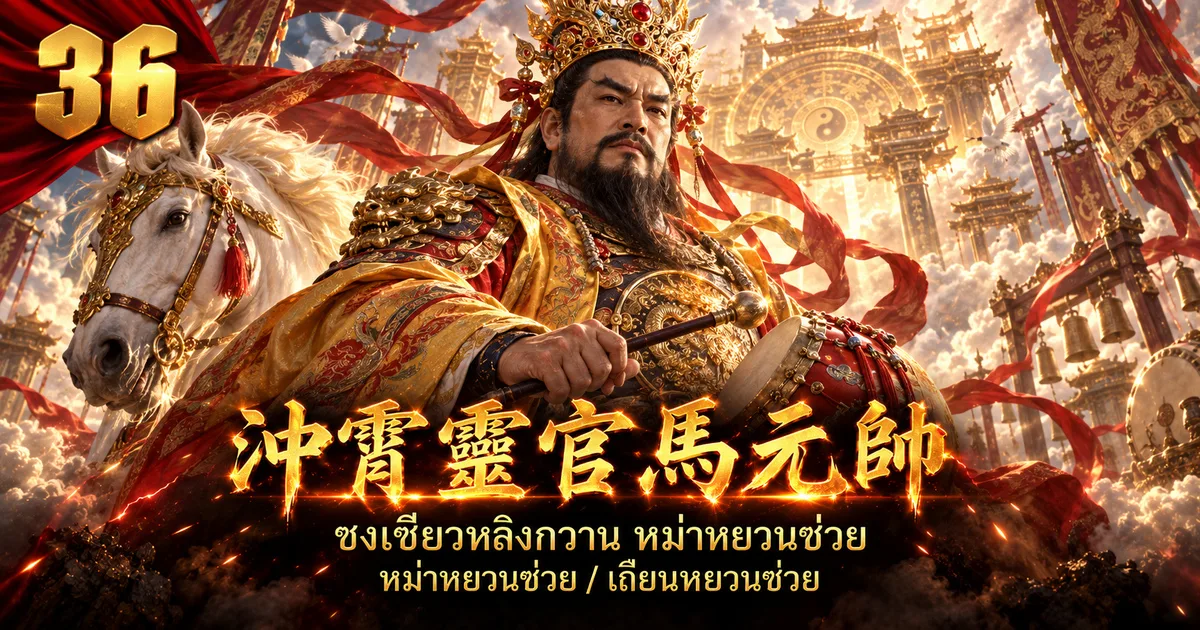 ภาพประกอบจอมพลหม่าองค์ที่ 36 冲霄灵官马元帅 ขุนพลสวมมงกุฎและเกราะทองแดง ถือไม้ตีกลอง ข้างม้าขาว บนวังสวรรค์