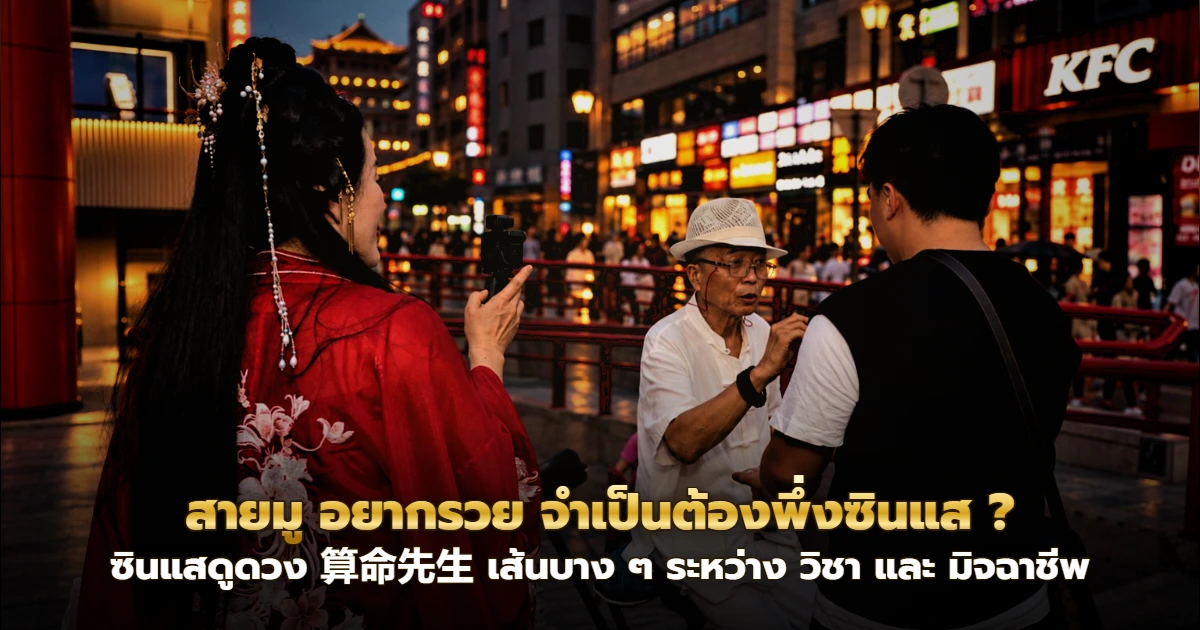 ภาพประกอบตกแต่งจากฉากจริงที่ซีอาน หญิงชุดฮั่นฝูสีแดงถ่ายวิดีโอขณะซินแสดูดวงให้ชายหนุ่ม ริมถนนคนเดินที่มีป้ายไฟร้านค้า