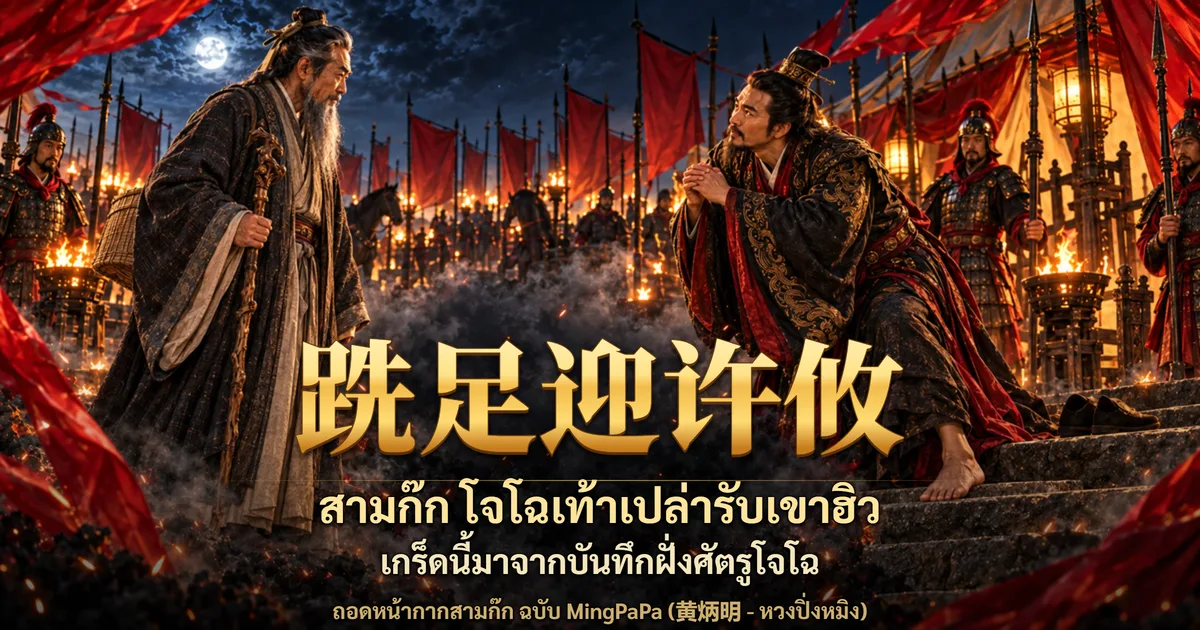 ภาพปกสามก๊ก ชายชราเคราขาวถือไม้เท้ายืนหน้าค่ายทหารยามค่ำคืน ขุนนางชุดดำแดงเดินเท้าเปล่าลงบันไดมาประสานมือต้อนรับ ฉากหลังมีทหาร ธงแดง และคบไฟ พร้อมอักษร 跣足迎许攸 และข้อความ สามก๊ก โจโฉเท้าเปล่ารับเขาฮิว เกร็ดนี้มาจากบันทึกฝั่งศัตรูโจโฉ