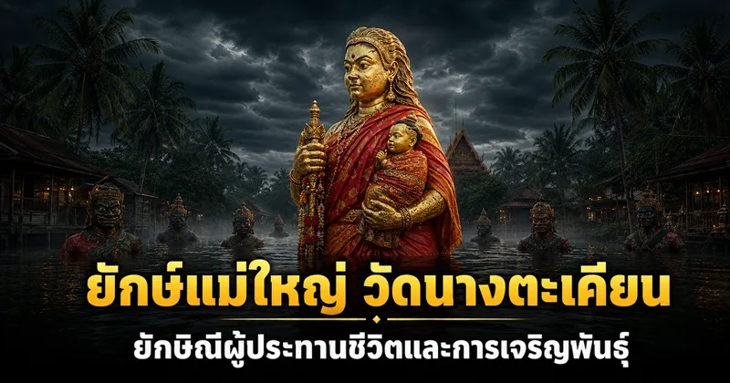 ภาพประกอบยักษ์แม่ใหญ่ วัดนางตะเคียน องค์สีทองห่มผ้าแดงอุ้มบุตรชายไว้ในอ้อมแขน