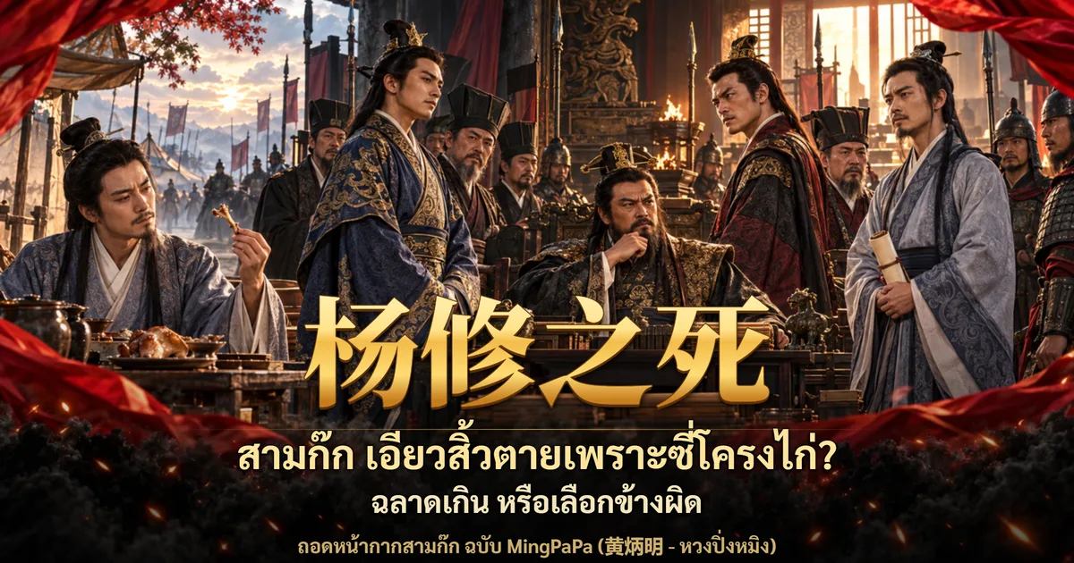 ภาพปกสามก๊ก ขุนนางหนุ่มถือกระดูกไก่อยู่ข้างโต๊ะอาหาร โจโฉนั่งเท้าคางกลางกระโจมทัพ รายล้อมด้วยขุนนางและทหาร พร้อมอักษร 杨修之死 และข้อความ สามก๊ก เอียวสิ้วตายเพราะซี่โครงไก่? ฉลาดเกิน หรือเลือกข้างผิด