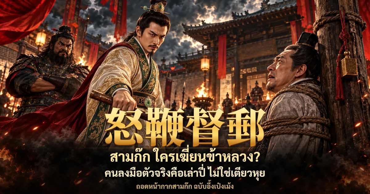 ภาพปกสามก๊ก เล่าปี่ชุดขาวลายทองถือไม้ยืนอยู่หน้าต๊กอิ้วที่ถูกมัดกับเสา เตียวหุยกอดอกอยู่ด้านหลัง พร้อมอักษร 怒鞭督郵 และข้อความ สามก๊ก ใครเฆี่ยนข้าหลวง? คนลงมือตัวจริงคือเล่าปี่ ไม่ใช่เตียวหุย