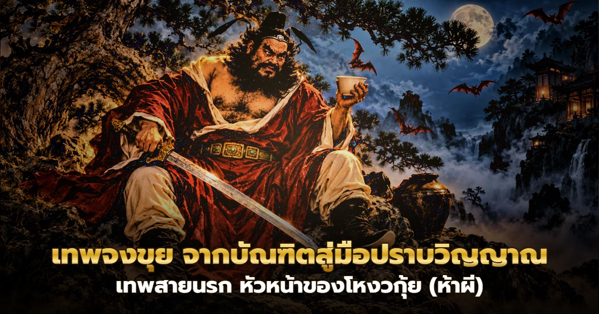 เทพจงขุยถือดาบนั่งบนโขดหินยามค่ำคืน มีค้างคาวบินและวัดโบราณบนภูเขาในแสงจันทร์