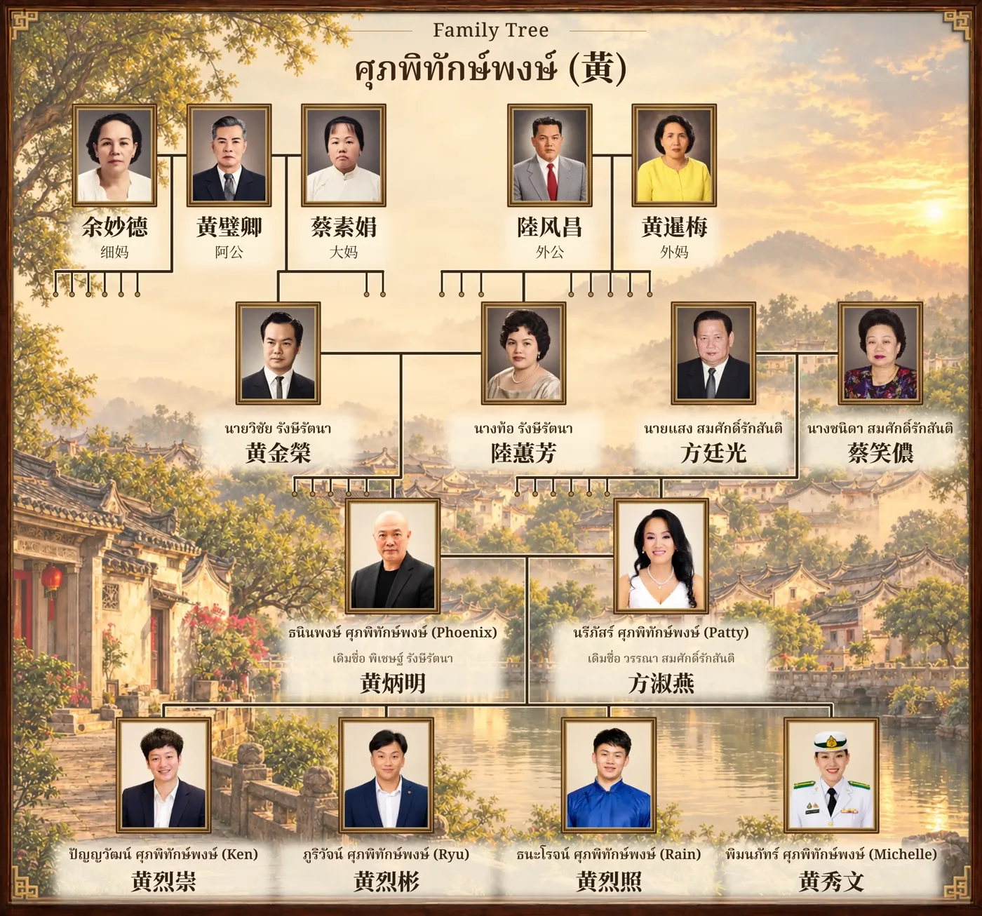 แผนผังตระกูลศุภพิทักษ์พงษ์ (黄) สามรุ่น: รุ่นอากงอาม่า 黃璧卿 余妙德 蔡素娟 陸风昌 黄暹梅 รุ่นพ่อแม่ นายวิชัย และนางท้อ รังษีรัตนา นายแสง และนางชนิดา สมศักดิ์รักสันติ รุ่นปัจจุบันธนินพงษ์ (Phoenix) กับนรีภัสร์ (Patty) ศุภพิทักษ์พงษ์ และบุตรทั้งสี่ ปัญญวัฒน์ (Ken) ภูริวัจน์ (Ryu) ธนะโรจน์ (Rain) และพิมนภัทร์ (Michelle)