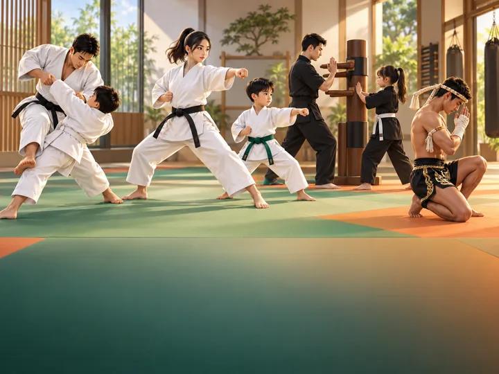 ผู้ใหญ่และเด็กฝึกศิลปะการต่อสู้บนเสื่อในโดโจ IMAC Dojo