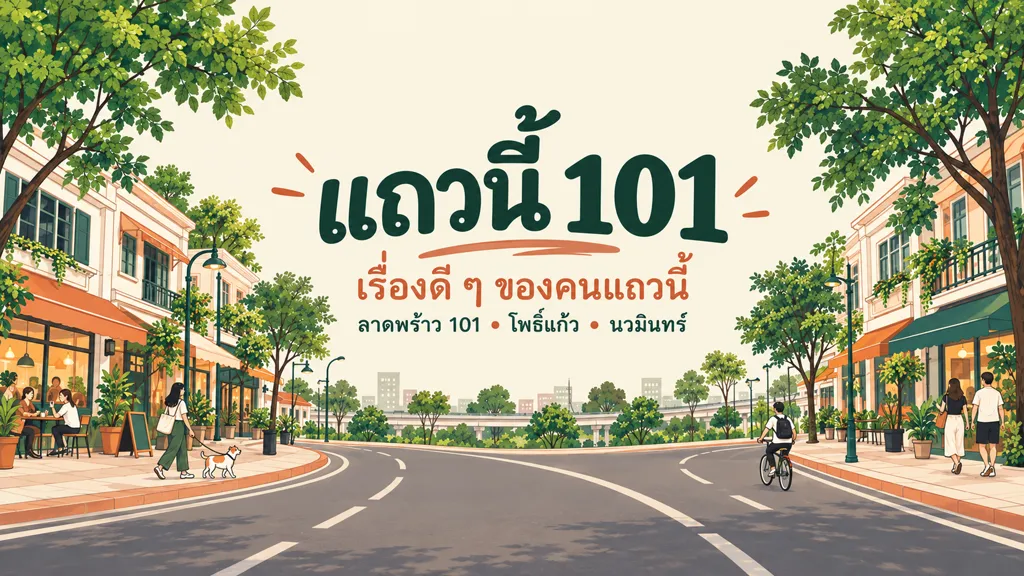 ภาพประกอบปกเพจแถวนี้ 101: ถนนในย่านลาดพร้าว 101 โพธิ์แก้ว นวมินทร์ มีร้านกาแฟ ต้นไม้ และคนเดินเล่น